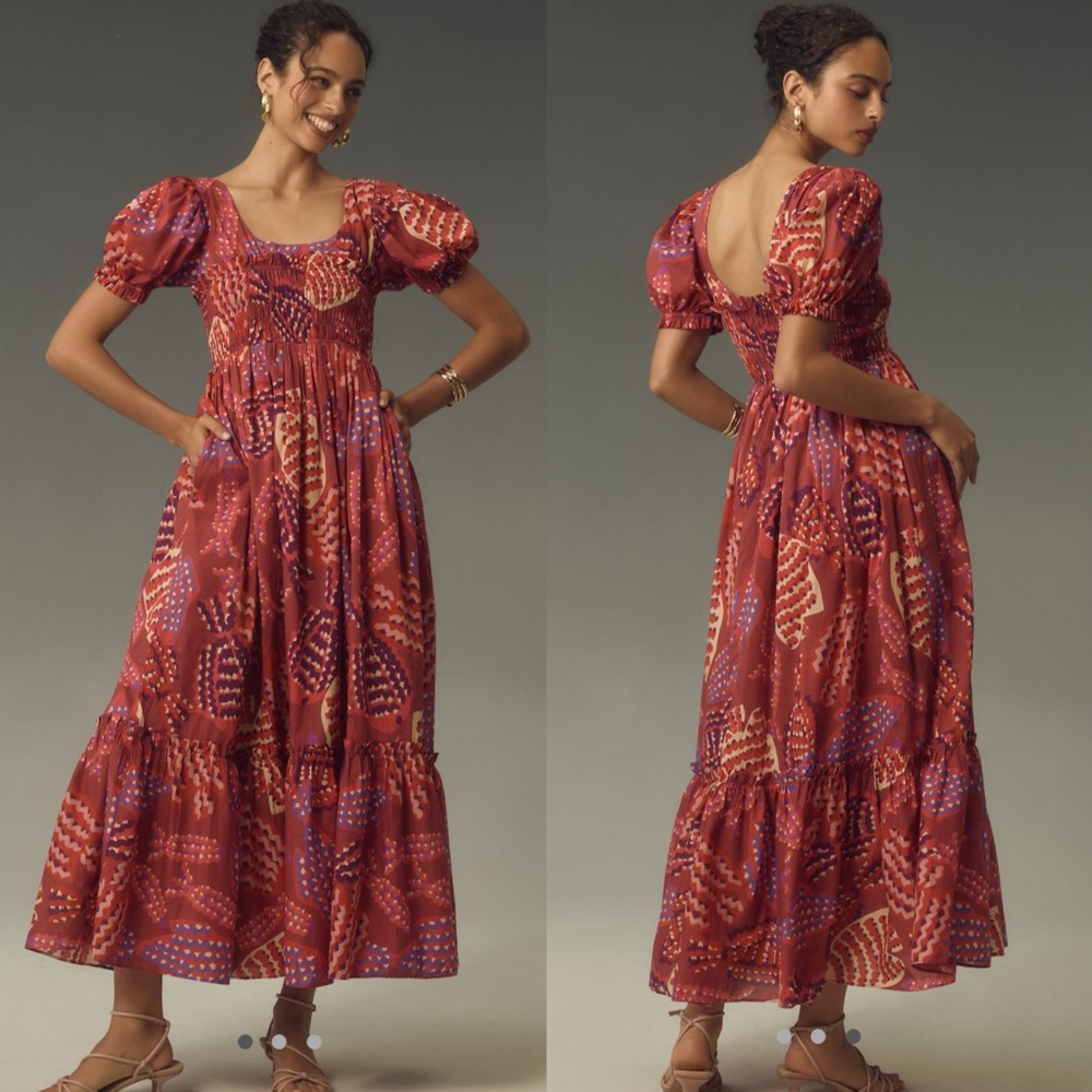 Farm Rio * Anthropologie Puff Sleeve Smocked Maxi Dress - Picture 4 of 13